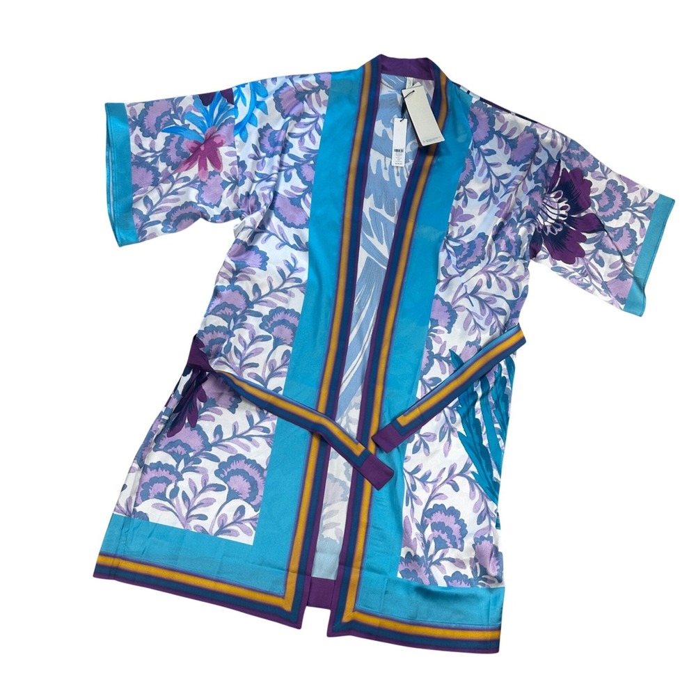 Gottex Bali Kimono Floral Print Swim Cover Up Robe Blue Purple Medium NEW